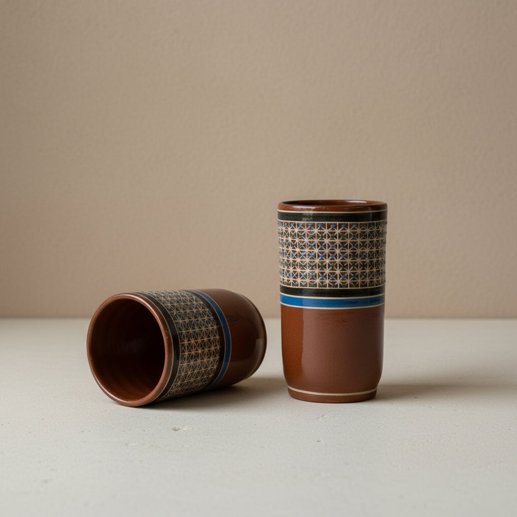 Hand-painted Tonalá petatillo ceramic tumbler standing and one on its side