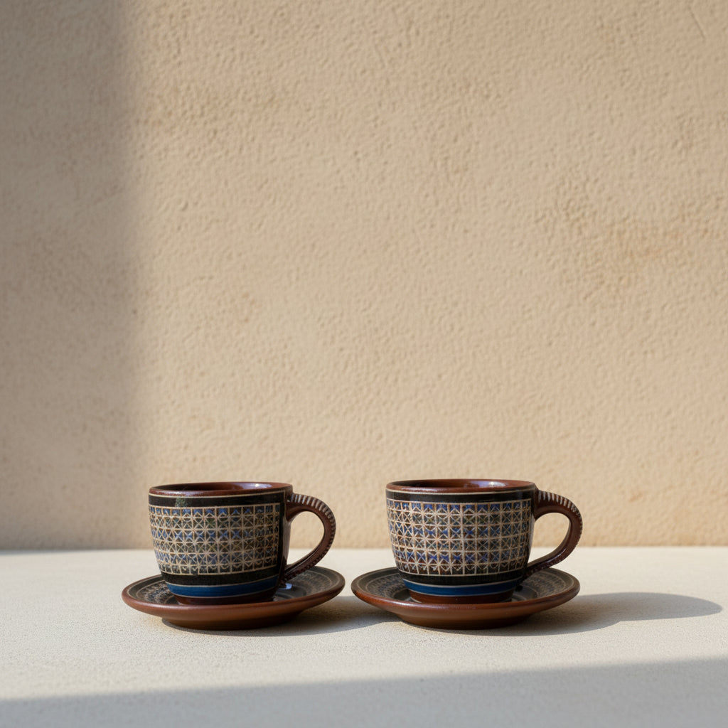 Two hand-painted Tonalá cup and saucer sets displayed on neutral textured background