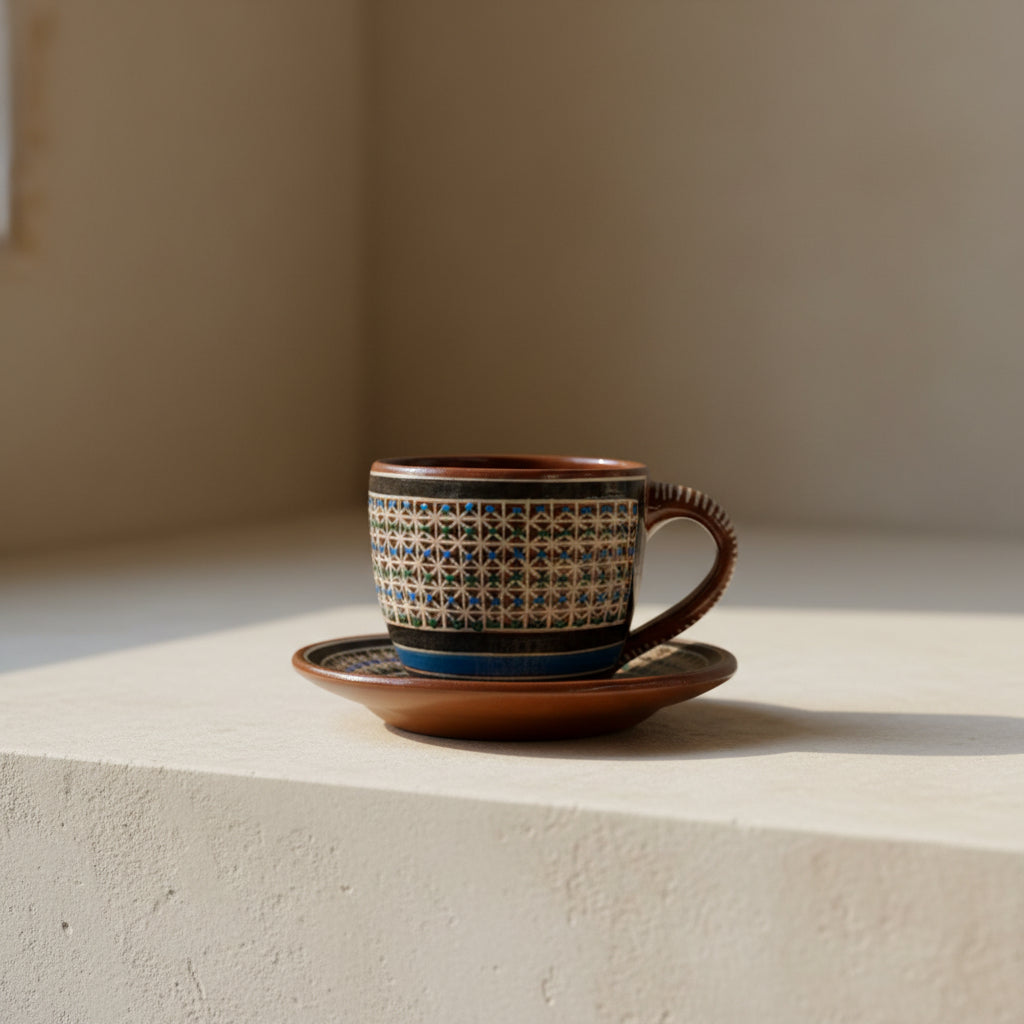 Hand-painted Tonalá petatillo cup and saucer set on neutral background with soft natural light