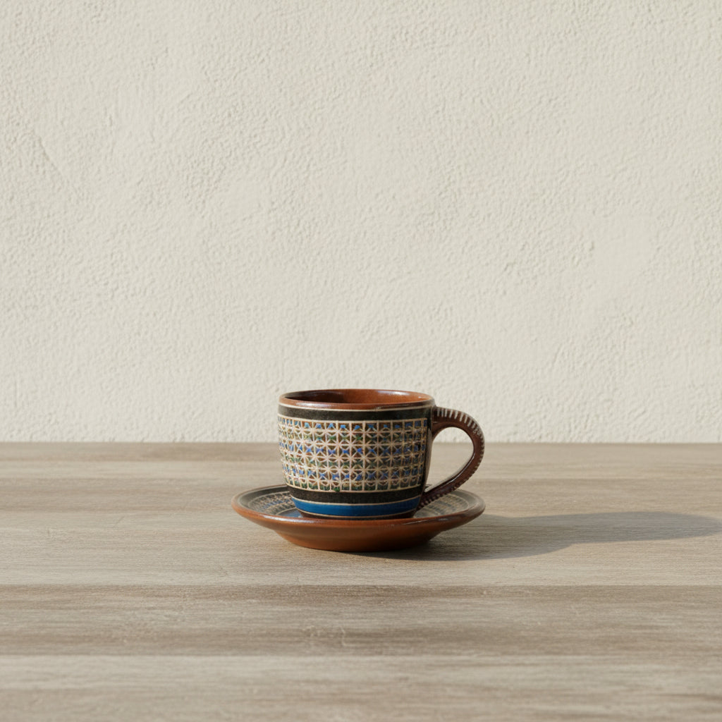 Single hand-painted Tonalá petatillo cup and saucer set in side view