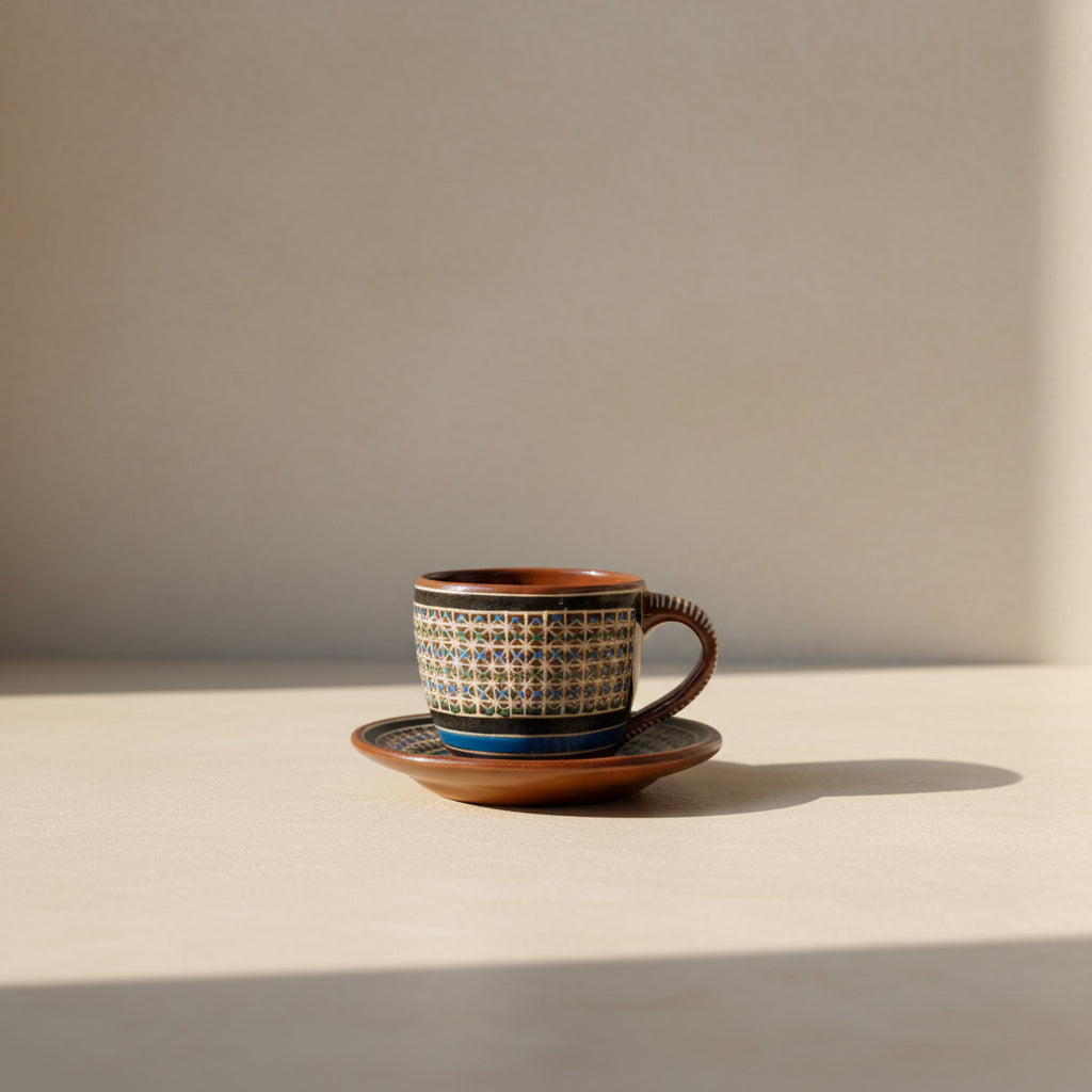 Hand-painted Mexican ceramic cup and saucer with barro petatillo and filigrana detail