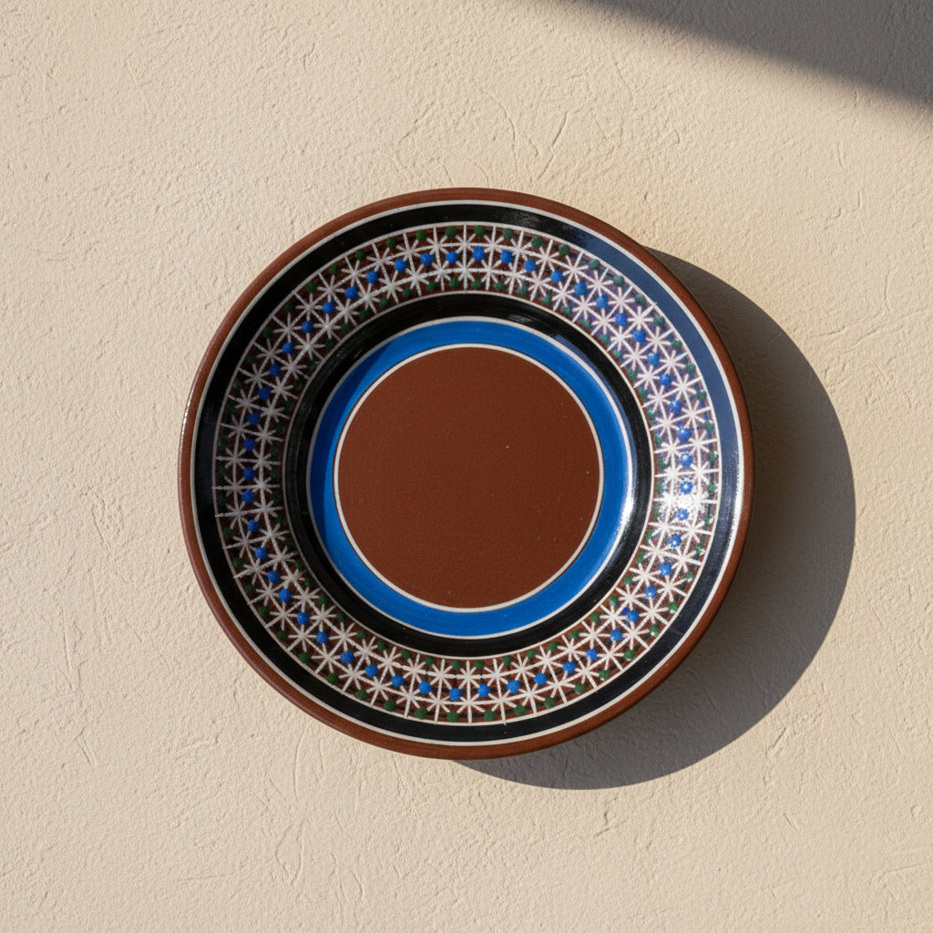Overhead view of Tonalá petatillo cup and saucer showing hand-painted geometric design