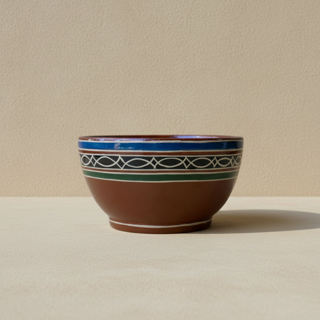 Hand-painted Tonalá petatillo ceramic bowl with burnished terracotta finish on neutral background