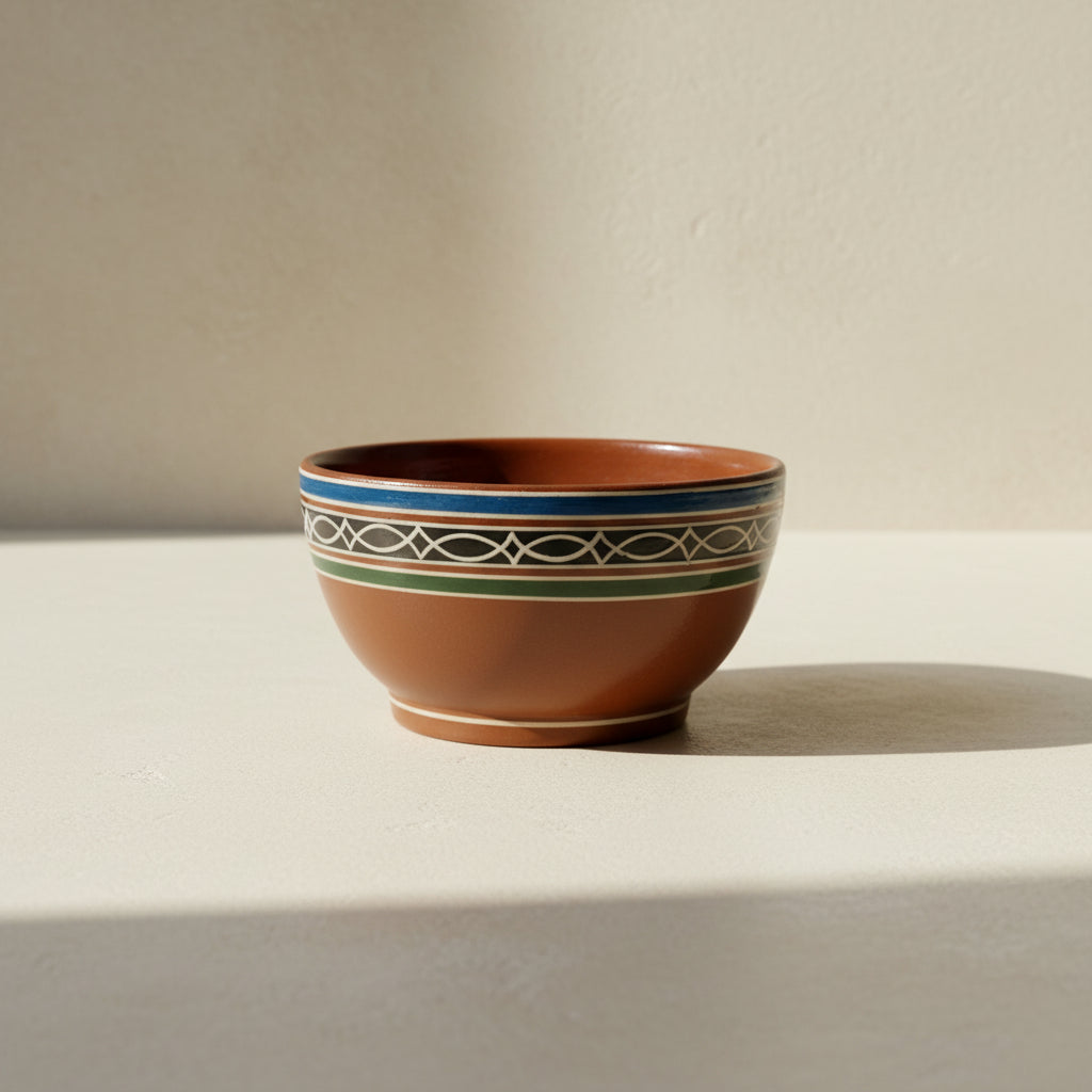 Hand-painted Tonalá ceramic bowl showing petatillo and filigrana detailing in natural light