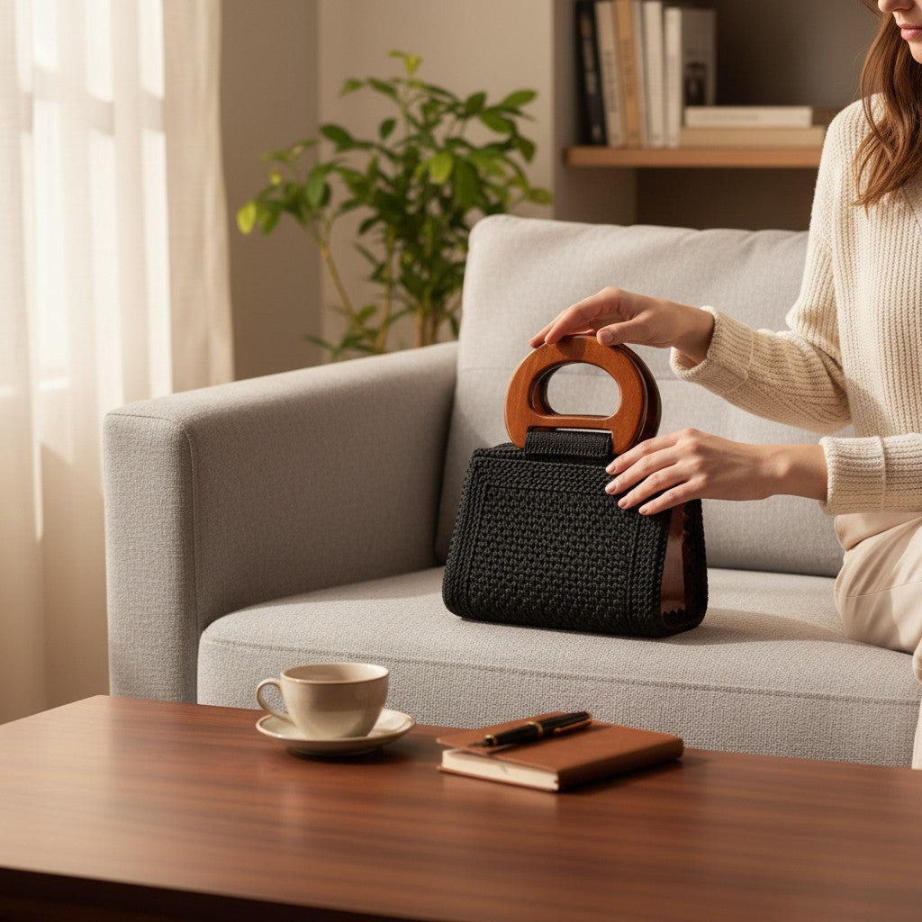 Handmade Woven Mini Bag with Wooden Handle