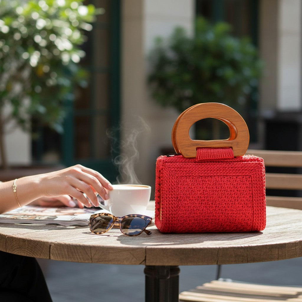 Handmade Woven Mini Bag with Wooden Handle 7