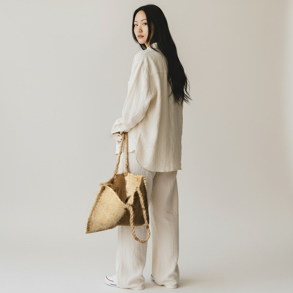 Large handwoven agave tote bag held by a woman in a light neutral outfit, shown from the back