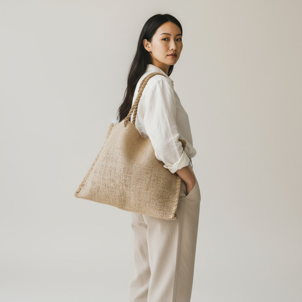 Woman carrying a large handwoven agave tote bag in natural beige, styled with a minimalist neutral outfit.