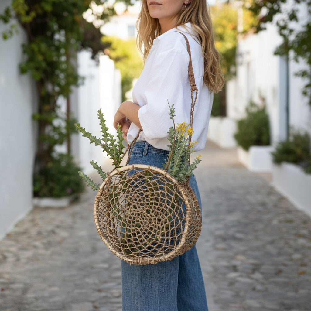 Woman holding a handwoven circular jonote basket bag in an outdoor street setting
