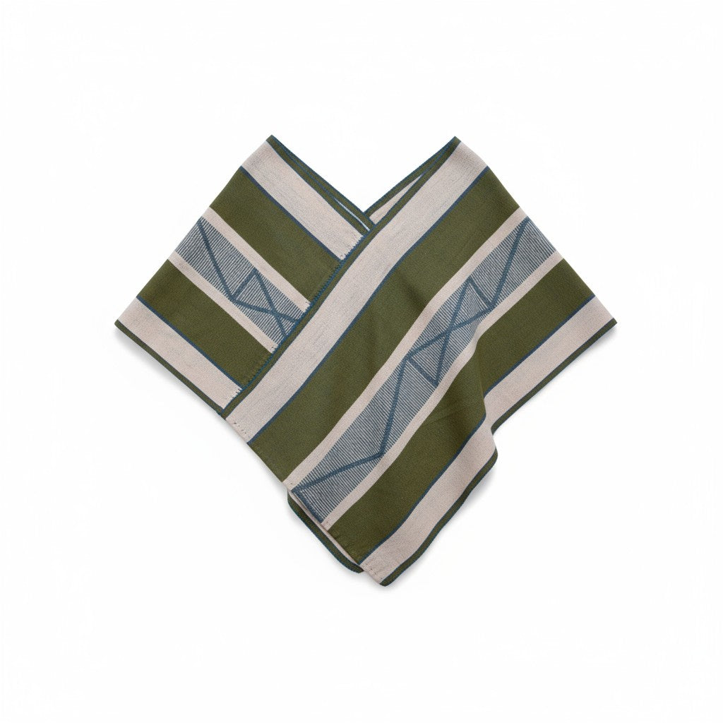 Flat view of olive and sand handwoven cotton Quexquémetl poncho, traditional backstrap loom textile from Puebla.