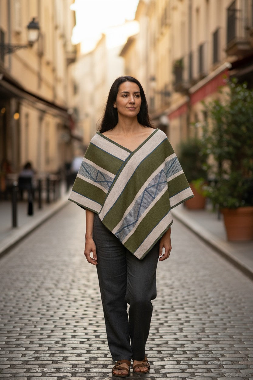 Full-body view of a handwoven striped cotton Mexican poncho (Quexquémetl) worn outdoors, artisan-made in Cuetzalan.