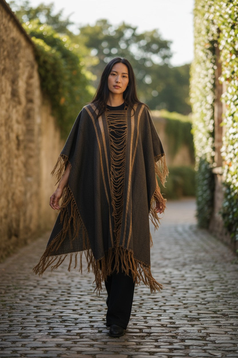 Handwoven cotton ruana cape with long fringe, artisan-made on a backstrap loom, worn outdoor
