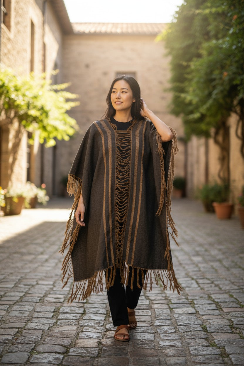 Charcoal handwoven cotton poncho-style ruana with long fringe, crafted on a traditional backstrap loom.