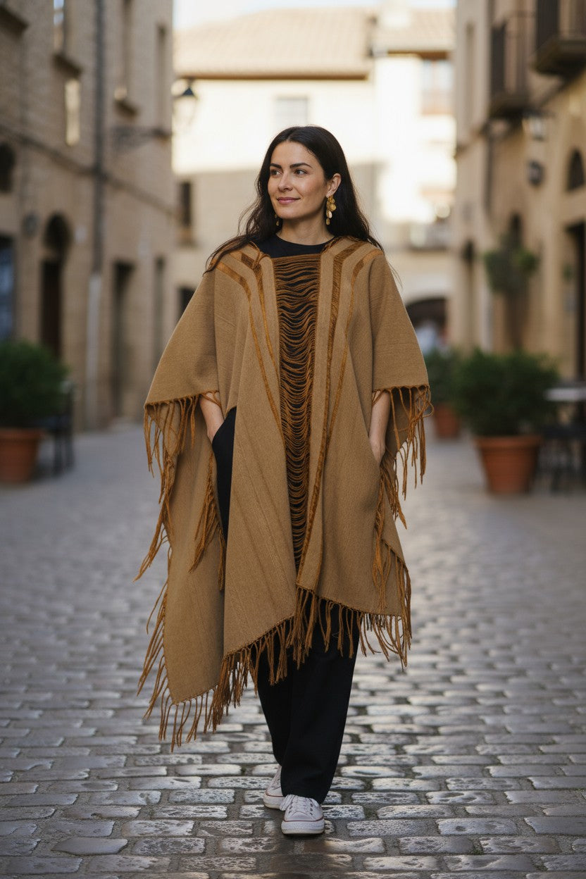 Tan handwoven cotton ruana with openwork panel and fringe, artisan-made boho cape style.