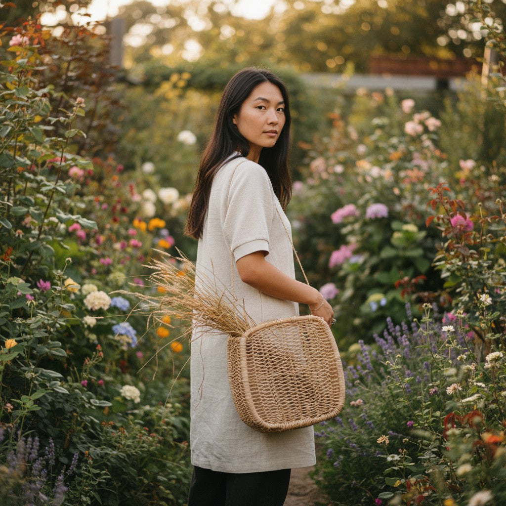 Square woven jonote basket styled outdoors in a natural meadow
