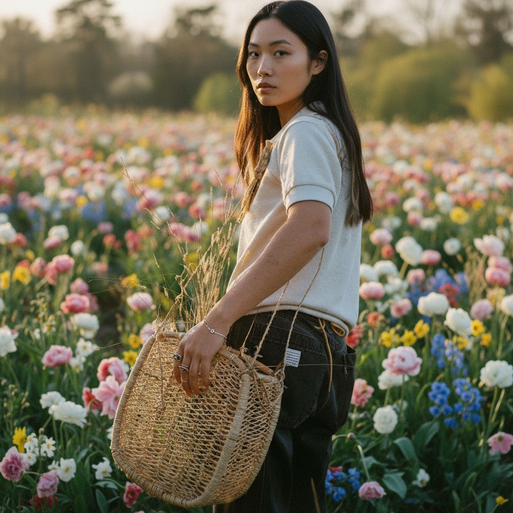 Handwoven square basket with natural dried plants in an outdoor floral field