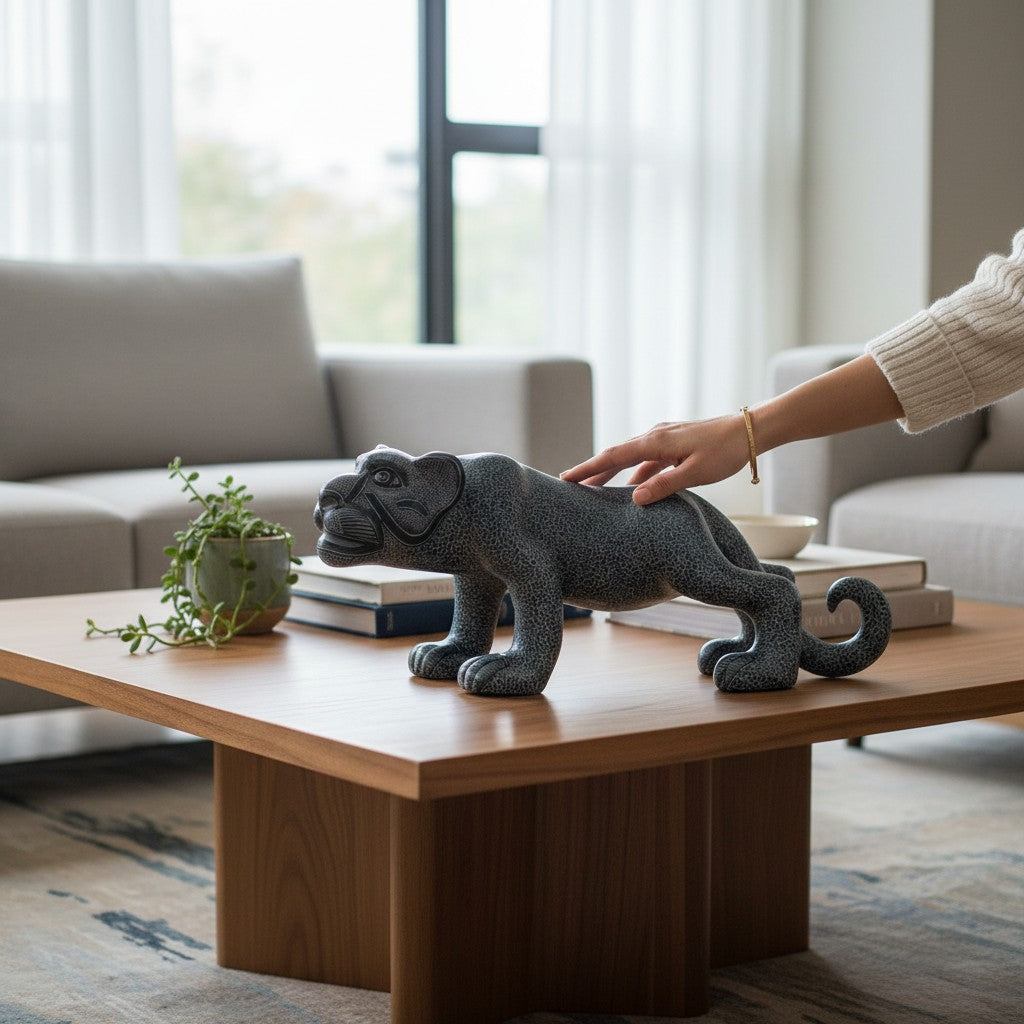 A hand-painted black ceramic reclining Mayan jaguar sculpture displayed on a light wood table with a hand showing its scale from a different angle.