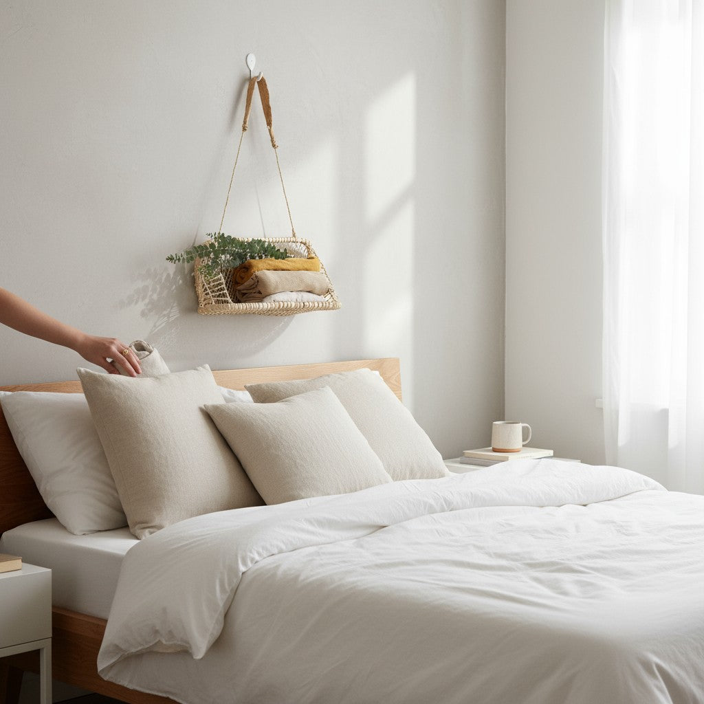 Handwoven jonote wall basket styled above a bed with eucalyptus and textiles in a bright, minimal bedroom.