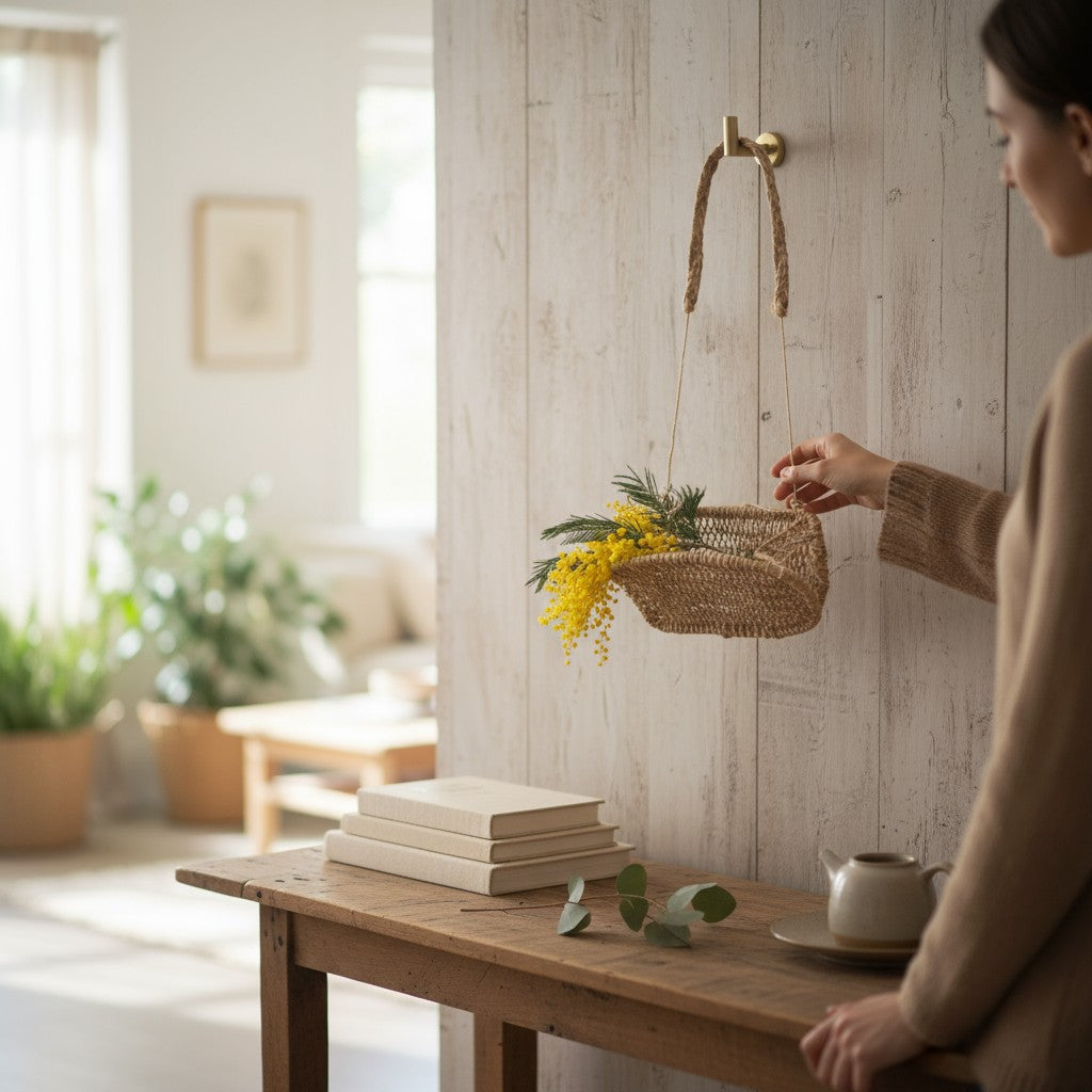 Artisan-made jonote basket hanging above a console with décor items.