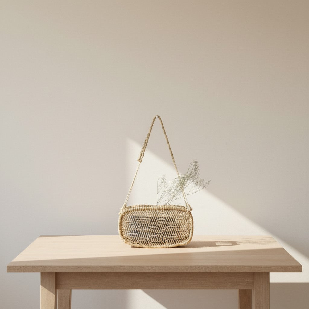 Handwoven rectangular jonote fiber hanging basket displayed on a light wood table with natural sunlight