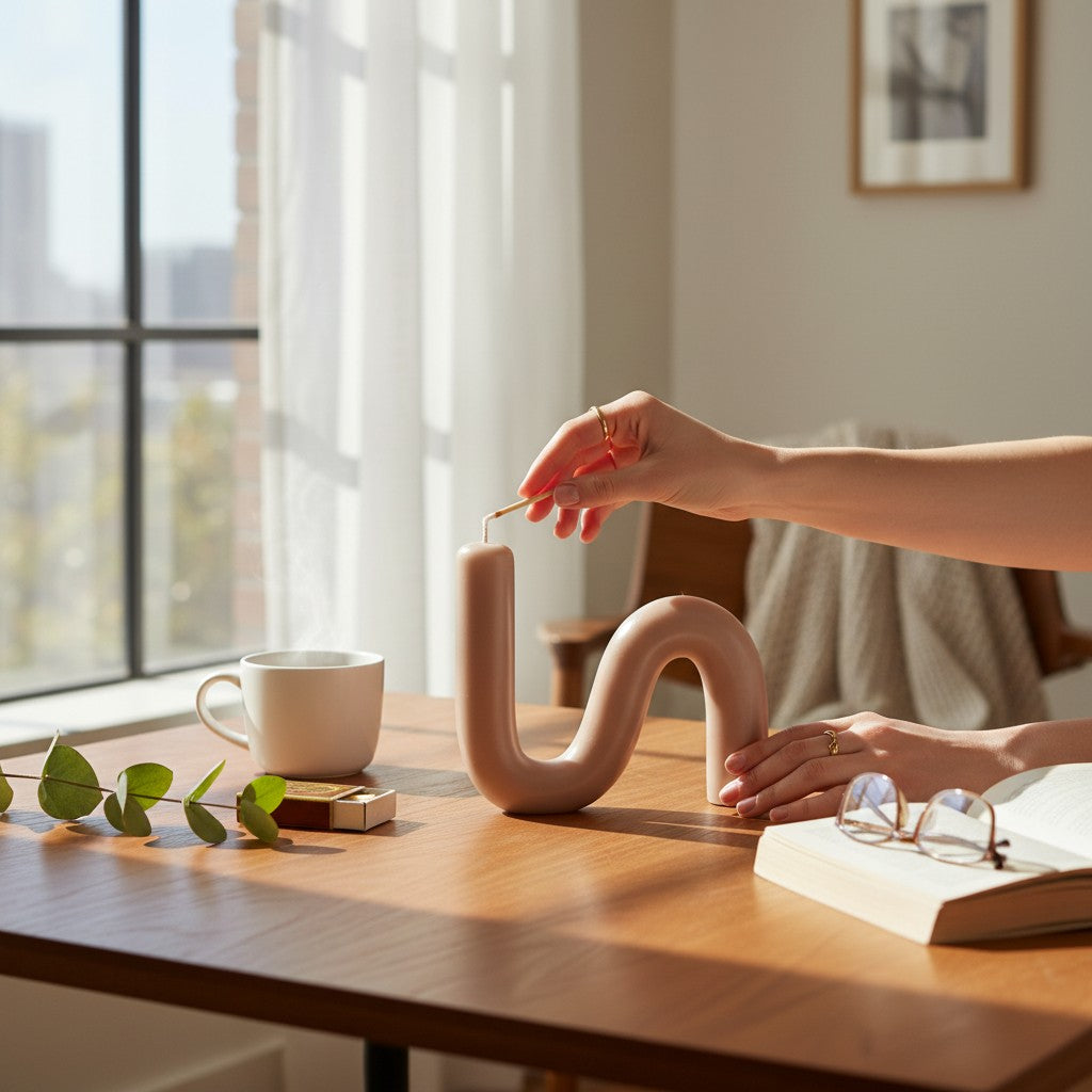 Hand lighting a beige S-shaped handmade beeswax candle on a wooden desk next to a book and coffee cup.