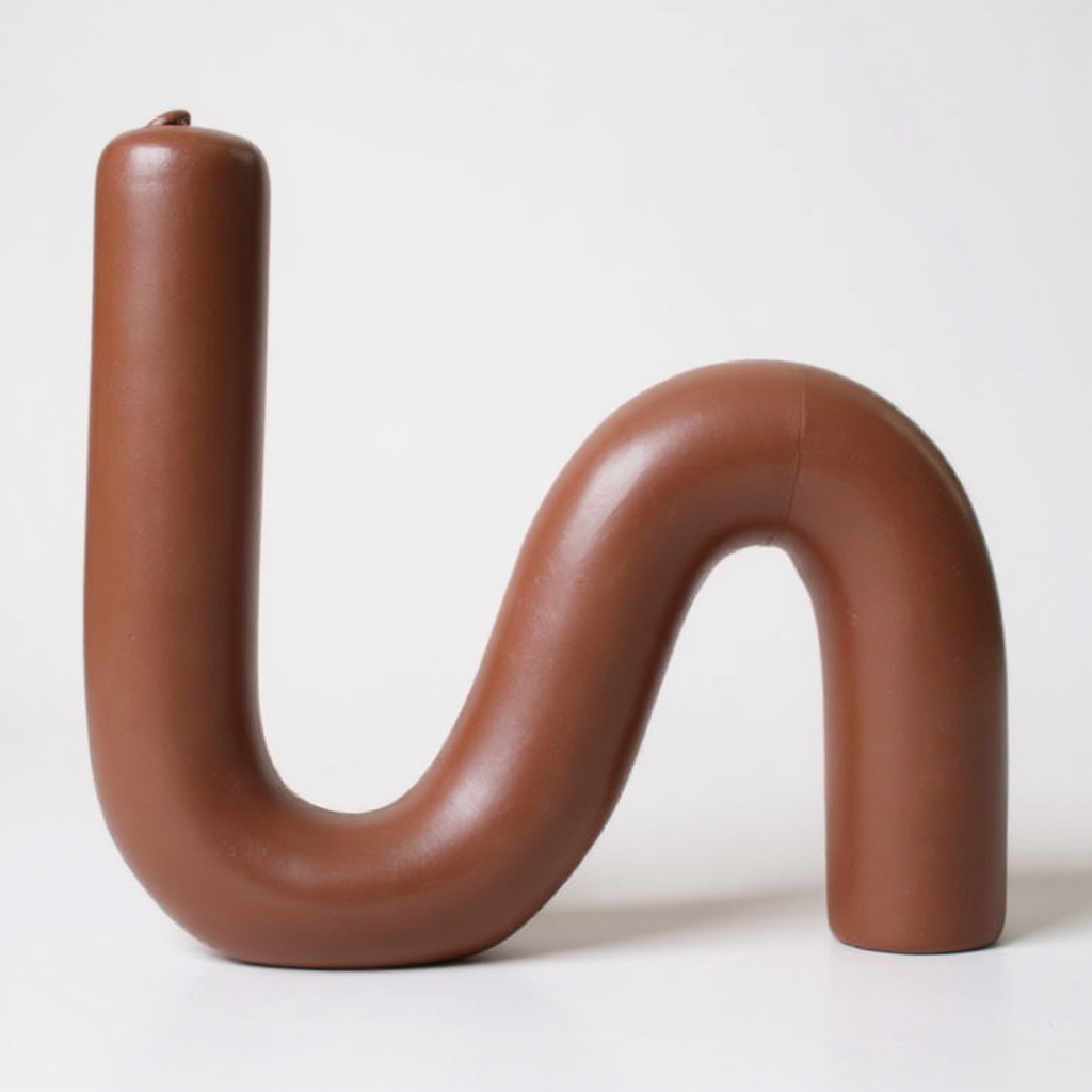 Close-up of a single S-shaped beeswax candle in natural cacao color