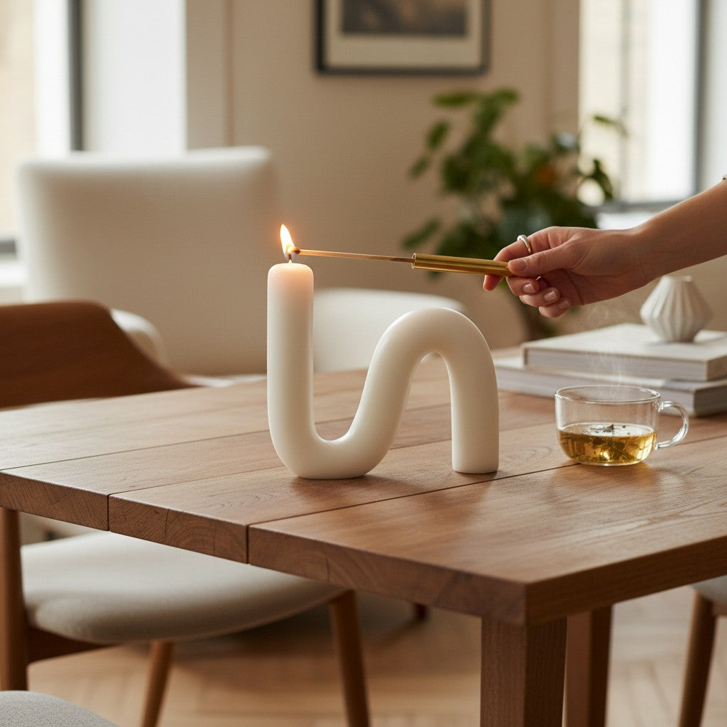 Lighting a white S-shaped handmade beeswax candle on a wooden dining table with minimal, warm interior decor.