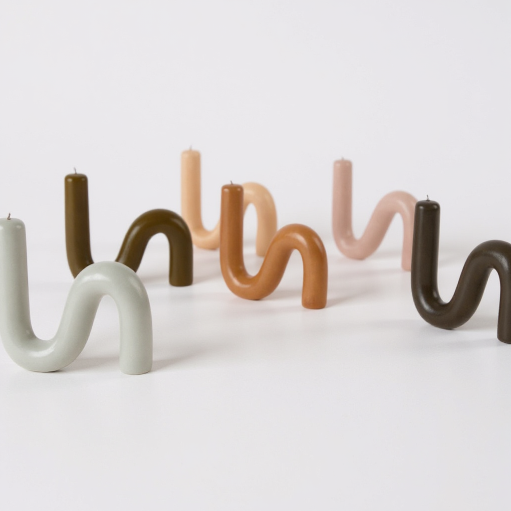 Minimalist S-shaped beeswax candles arranged in a row in soft earthy hues