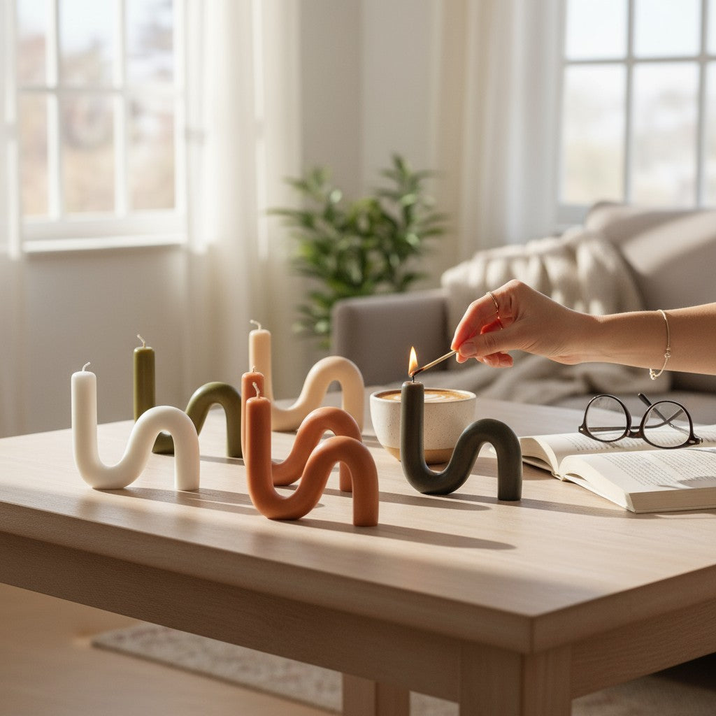 S-shaped beeswax candles styled on a wooden coffee table in a cozy living room