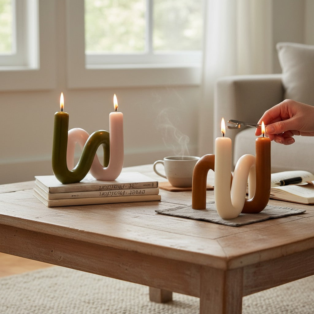 Handcrafted S-shaped beeswax candles being extinguished on a rustic coffee table