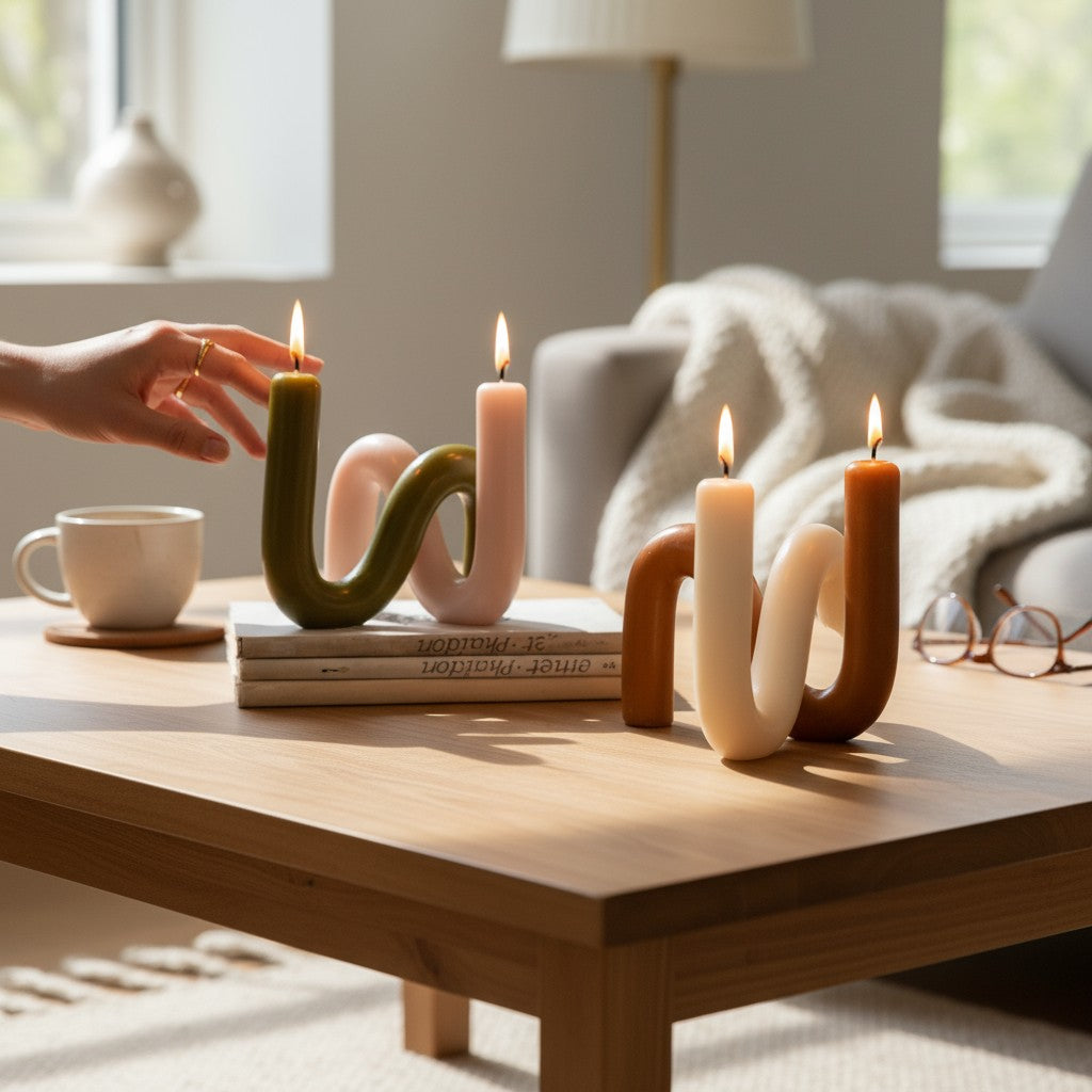 Hand lighting a green S-shaped handmade beeswax candle on a wooden coffee table with cozy living room background.