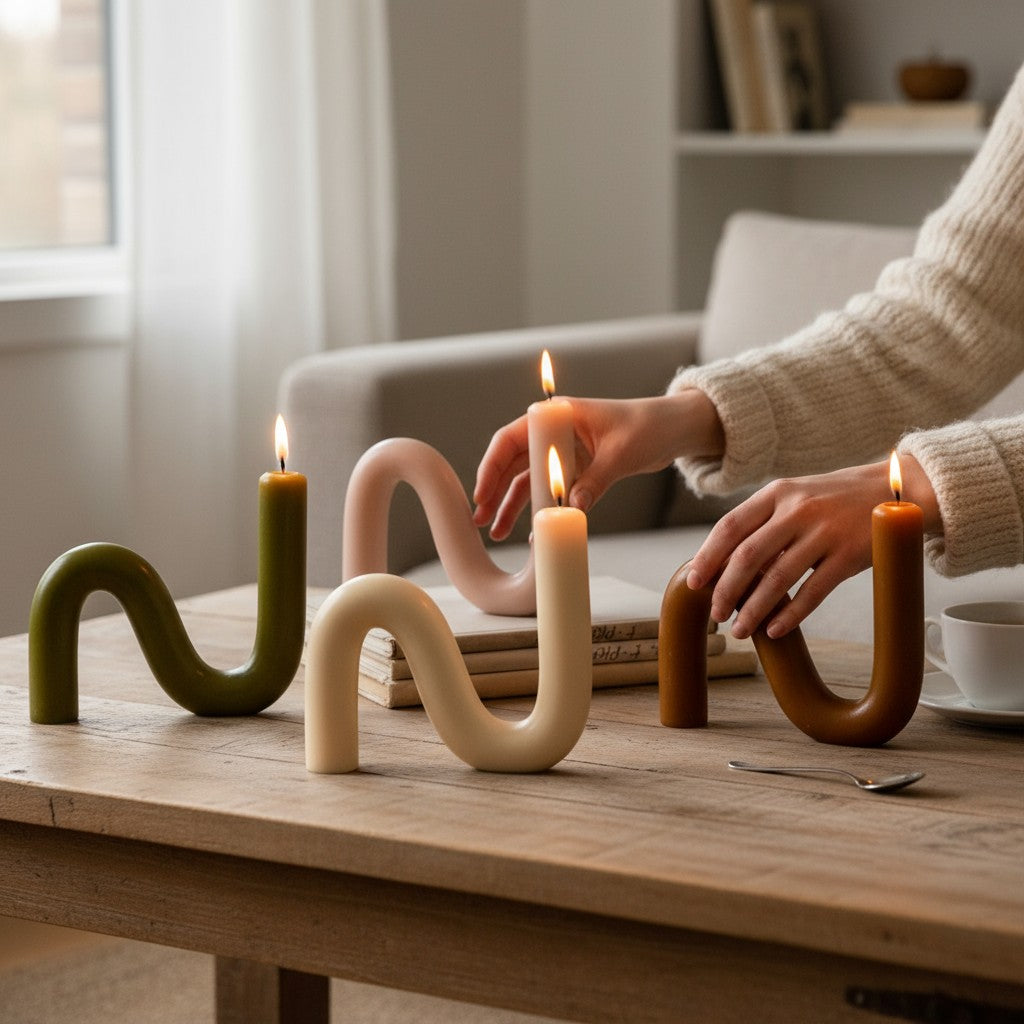 Hands arranging lit S-shaped handmade beeswax candles in neutral colors on a rustic wooden coffee table.