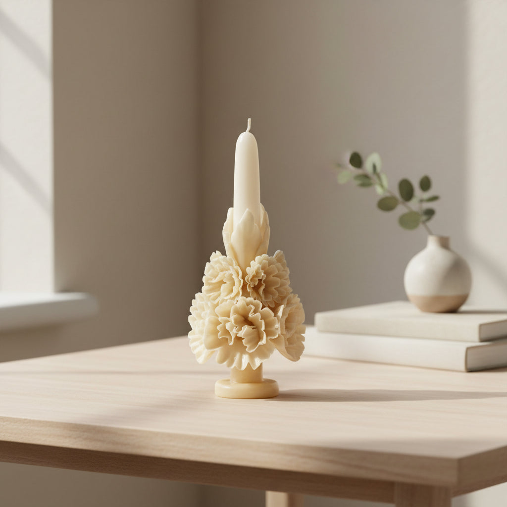 Ivory floral beeswax candle displayed on a wooden table in natural light, sculptural handmade decor
