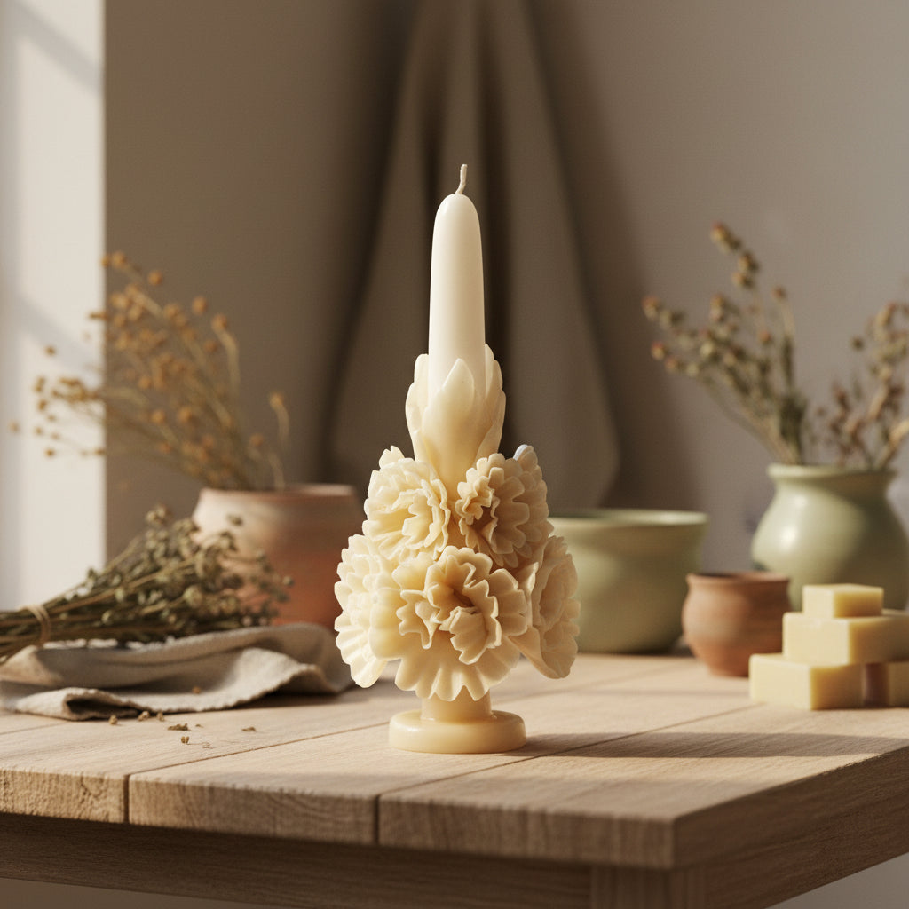 Ivory carved beeswax floral candle styled with pottery and dried flowers, artisan candle decor