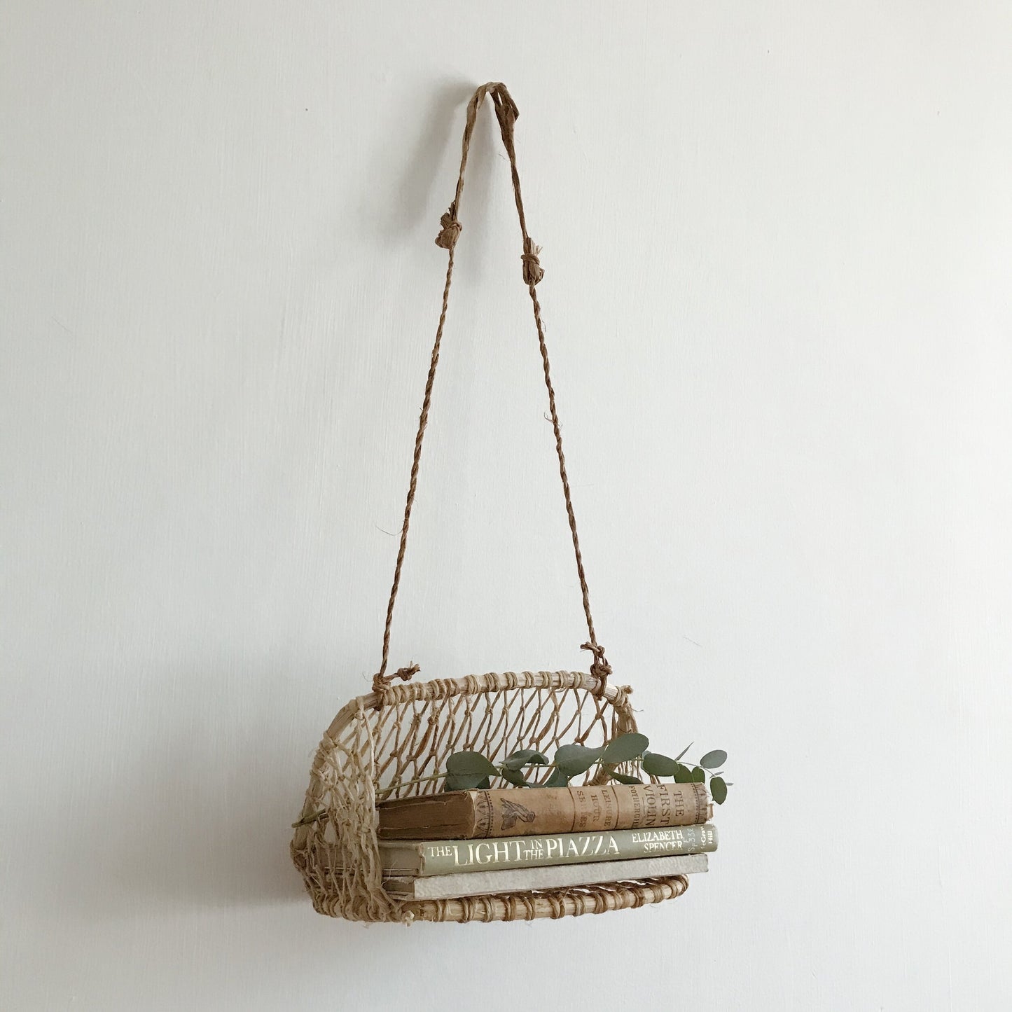 Small jonote wall-hanging basket holding books and greenery against a white wall.