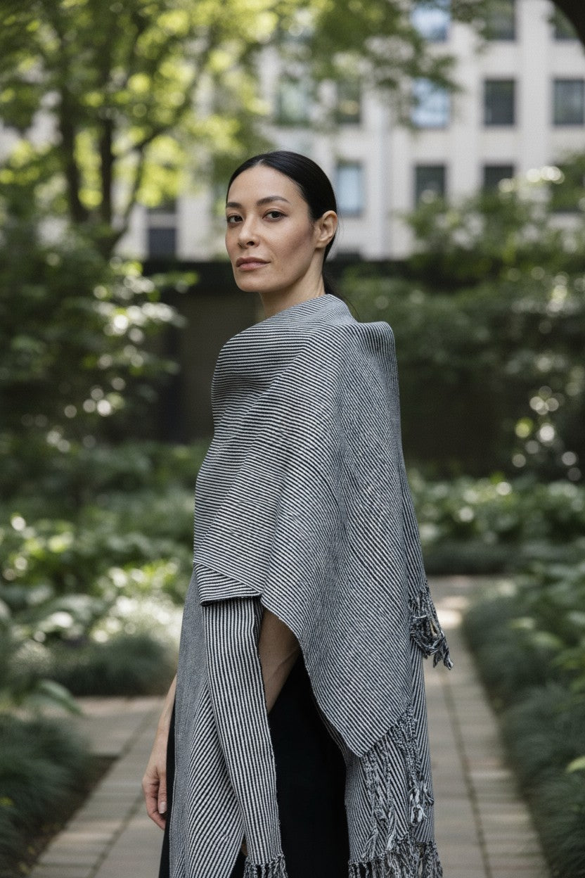 Side view of a woman draped in a striped, handwoven cotton poncho with fringe, crafted on a backstrap loom in Cuetzalan, Puebla.