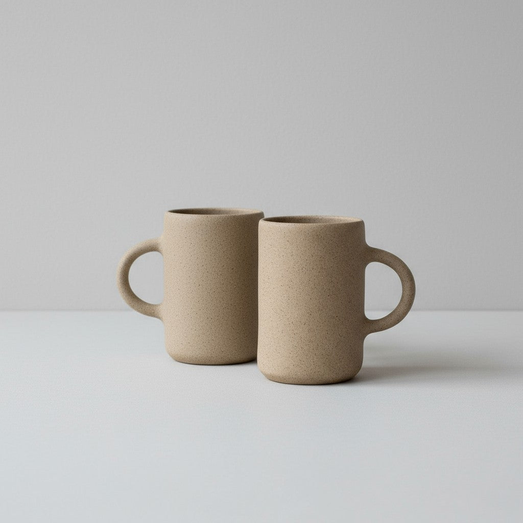 Two beige speckled ceramic coffee mugs with rounded handles on a light gray background.