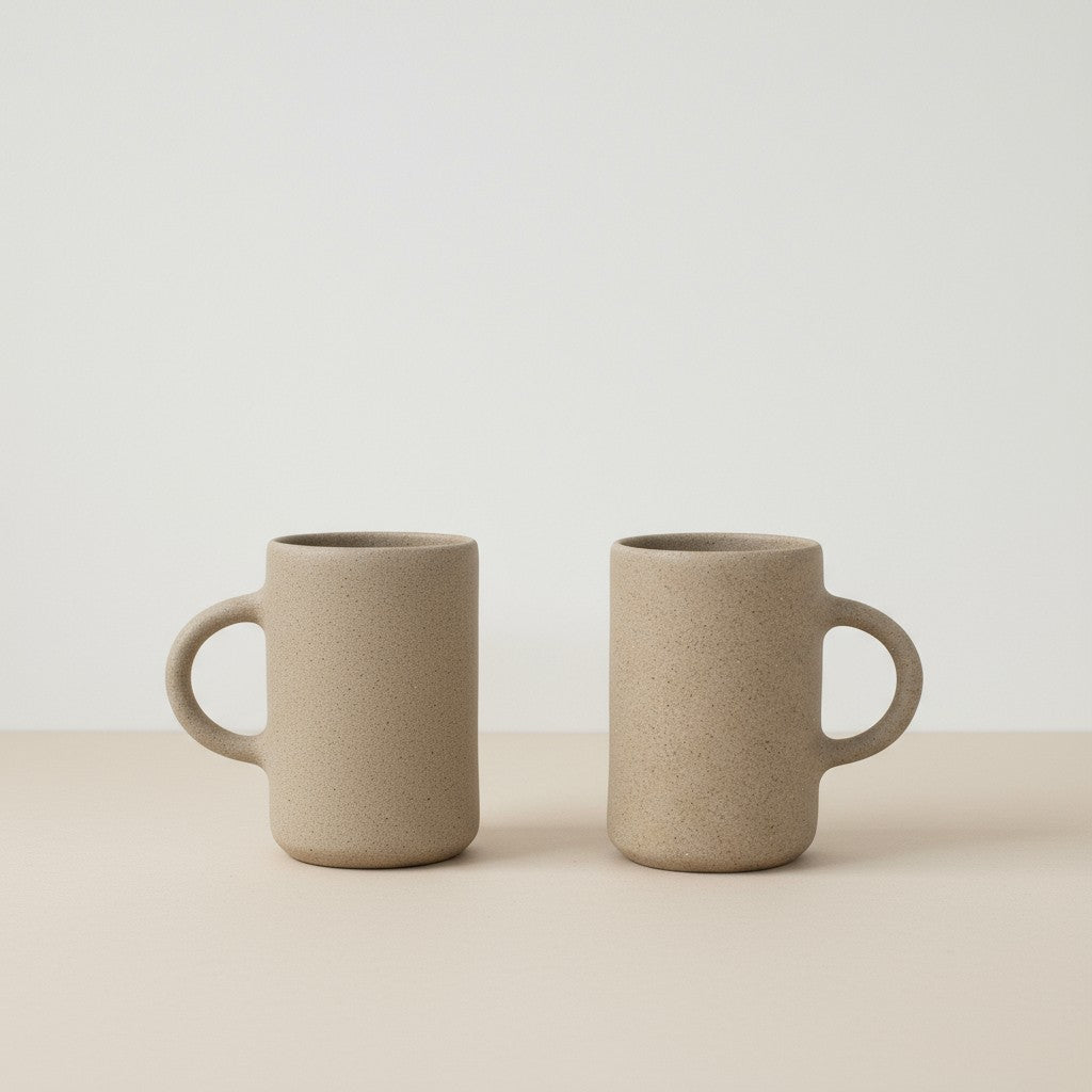 Two beige speckled ceramic coffee mugs with rounded handles on a soft beige background.