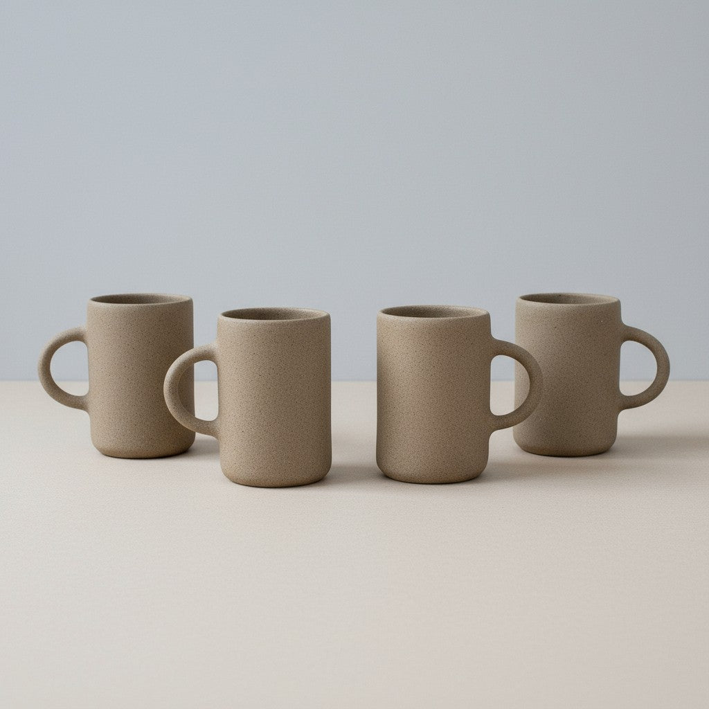 Four round stoneware cups displayed together showing organic sculptural shapes.