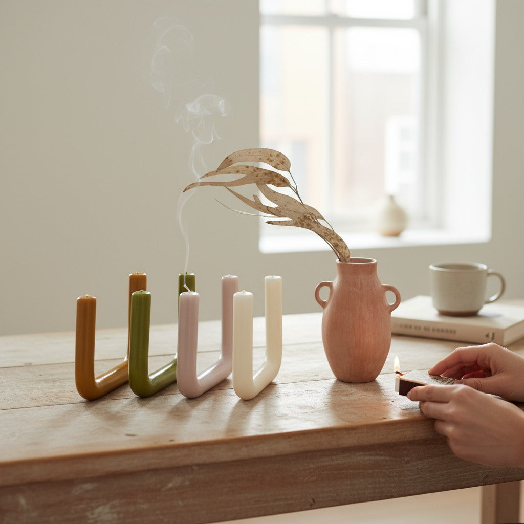 U-shaped beeswax candles with gentle smoke rising after extinguishing, styled on a wooden table in a bright living room.