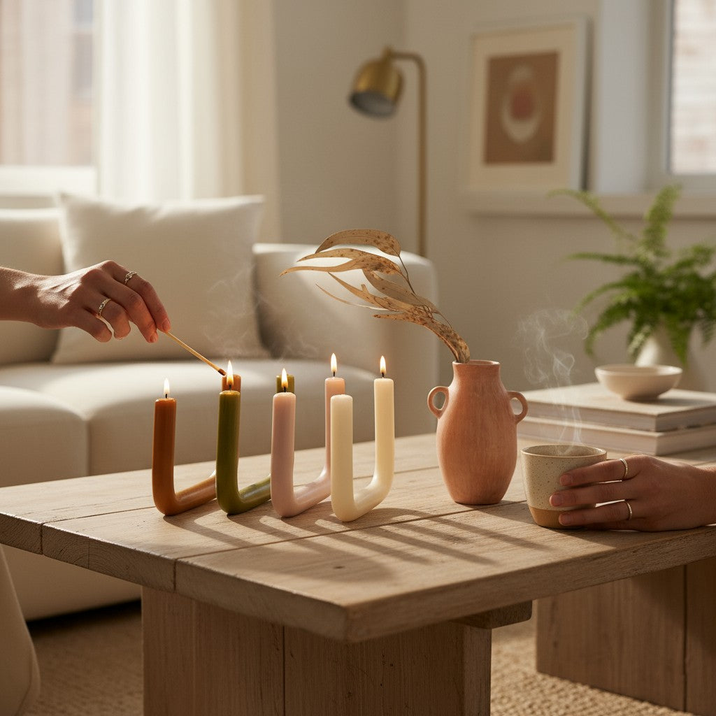 Hand lighting U-shaped beeswax candles on a wooden coffee table in a cozy, sunlit living room.
