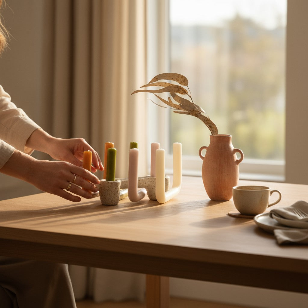 Hand arranging U-shaped sculptural beeswax candles on a wooden dining table with soft natural light.