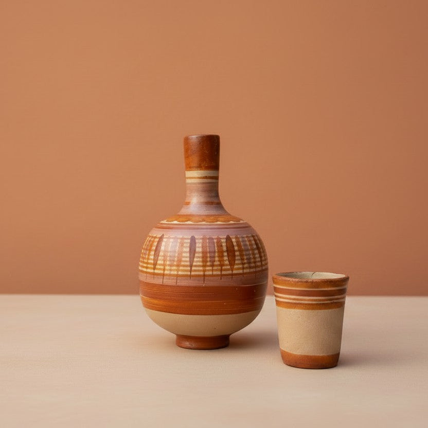 Traditional Barro Canelo botellón and cup from Tonalá, Jalisco, Mexico, featuring hand-painted geometric bands in cinnamon, terracotta and ochre tones