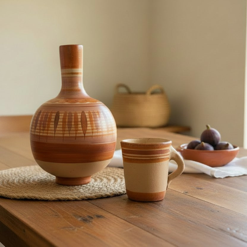 Barro Canelo botellón and cup styled on a wooden dining table with a woven placemat, linen napkin, and a bowl of figs, showing the traditional Tonalá pottery in a home setting