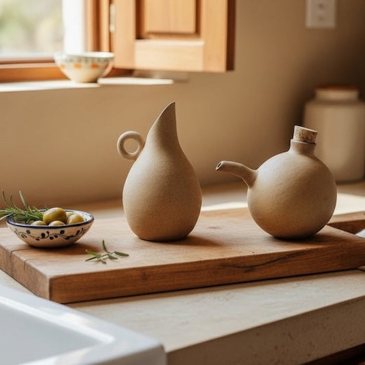 Handmade ceramic oil and vinegar cruet set styled on a wooden cutting board in a sunlit kitchen, with olives, rosemary, and a linen towel