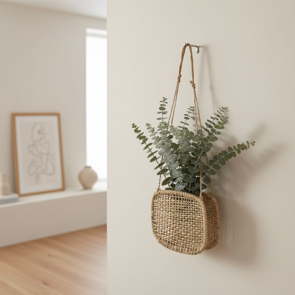 Hanging square woven wall basket with greenery in a neutral room