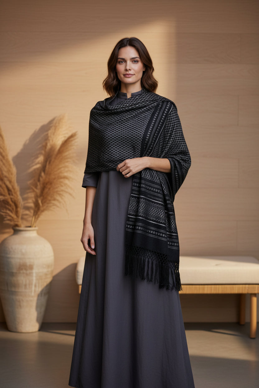 Black and charcoal handwoven cotton rebozo shawl with fine woven pattern and fringe, styled for evening wear