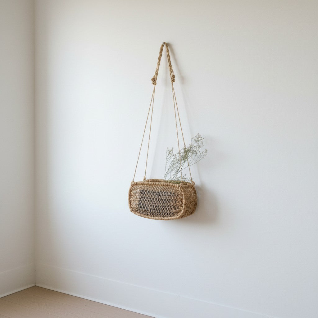 Hanging rectangular jonote basket with dried stems against a plain white wall