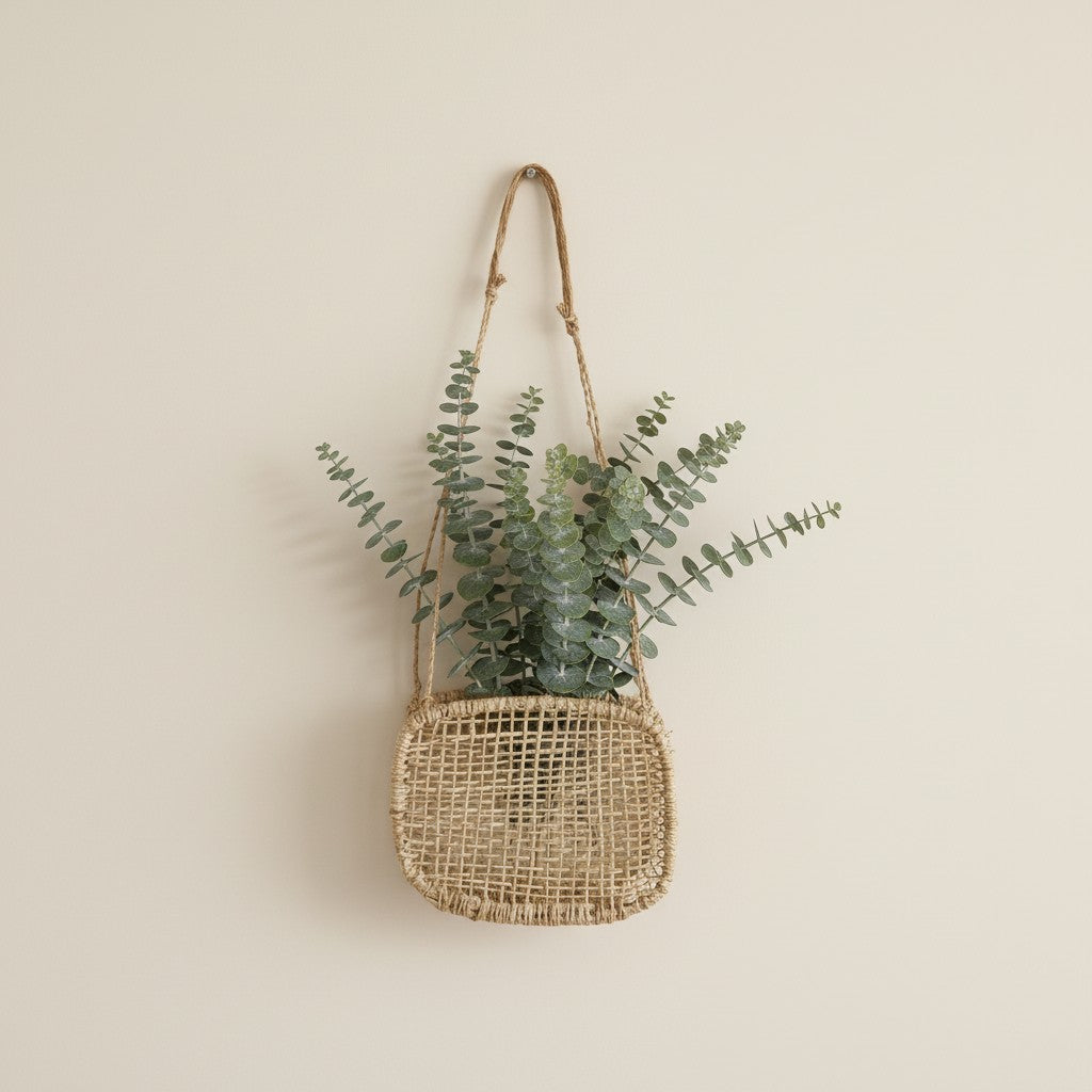 Woven square jonote wall basket with eucalyptus on a beige background