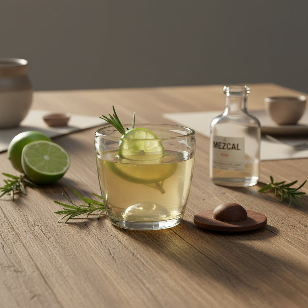 Glass tumbler filled with a lime and rosemary drink, placed on a wooden table with a mezcal bottle in the background.